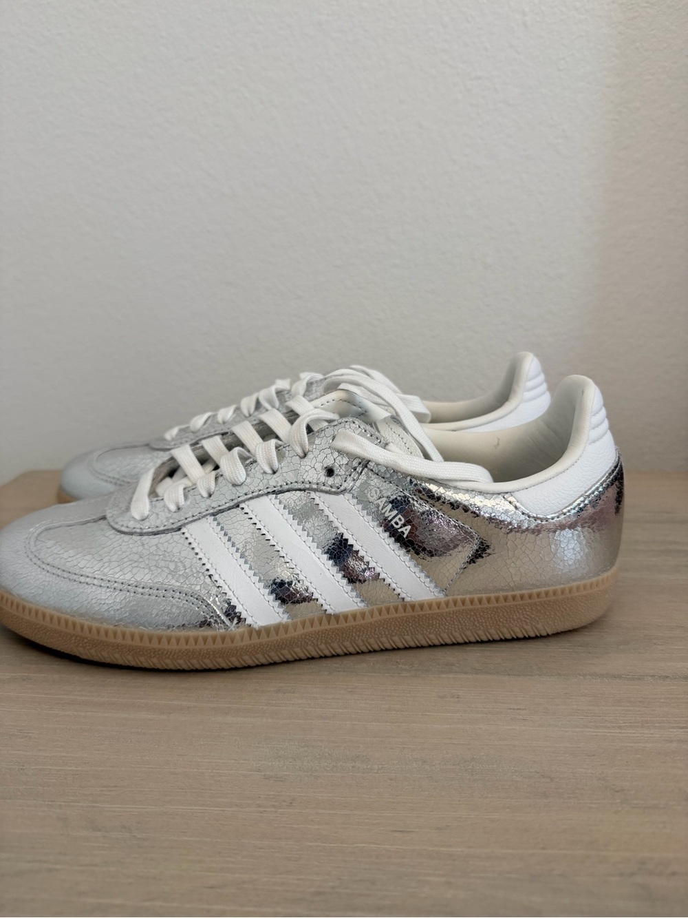 adidas Women's Silver Metallic Samba Sneakers with White Stripes